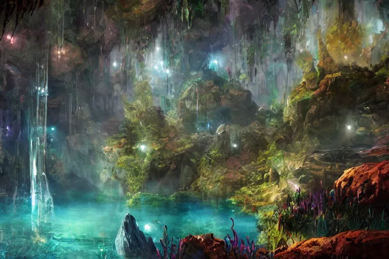 Image similar to beautiful stunning painting of a deep mysterious rocky varied cave landscape filled with large magic glowing clear crystals and filled with some ((plants)) and a small reflective pond, fantasy, digital art, realism, unreal engine, sharp, detailed, trending on artstation