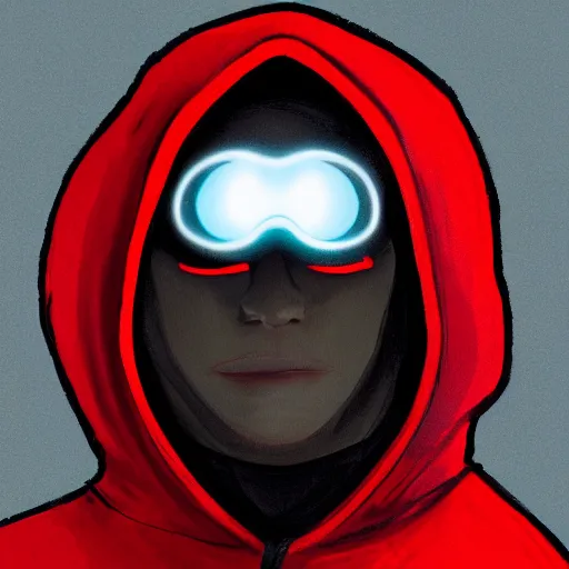 Image similar to a highly detailed headshot portrait of a man wearing a balaclava with a hoodie with glowing red eyes concept art