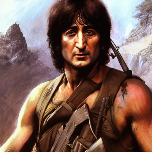 Prompt: john lennon as rambo, ultra realistic, concept art, intricate details, highly detailed, photorealistic, octane render, 8 k, unreal engine, art by frank frazetta, simon bisley, brom