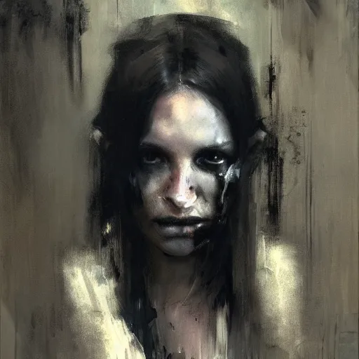 Image similar to portrait of the death angel, beautiful female face, angelic, dark, blood, by jeremy mann