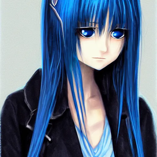 Image similar to full face shot of rimuru tempest, sky blue straight hair, long bangs, with amber eyes, wearing a fancy black jacket, high collar, ultra detailed, brush strokes, digital painting, cinematic, wlop artstation, closeup, pixiv, eerie, scary, intimidating glare, evil, yoshitaka amano, junji ito,