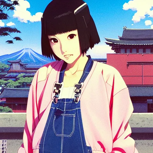 Image similar to a beautiful japanese natalie portman gravure model, wearing oversized native designer bomber jacket and leotard with overalls, bulky poofy bomber jacket with mesoamerican patterns, mesoamerican native street fashion, gapmoe yandere grimdark, trending on pixiv fanbox, painted by greg rutkowski makoto shinkai takashi takeuchi studio ghibli, akihiko yoshida