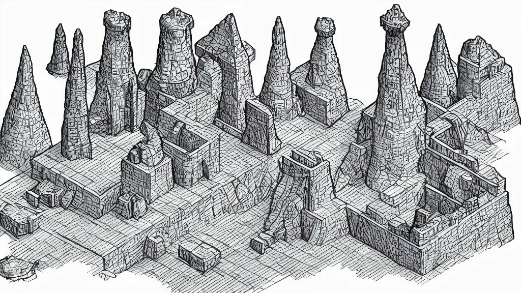 Image similar to isometric view of a wizard tower that's surrounded by rocks and mountains, lineart