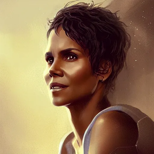 Image similar to “ portrait of halle berry by greg rutkowski, young, attractive, highly detailed portrait, scifi, digital painting, artstation, concept art, smooth, sharp foccus ilustration, artstation hq ”