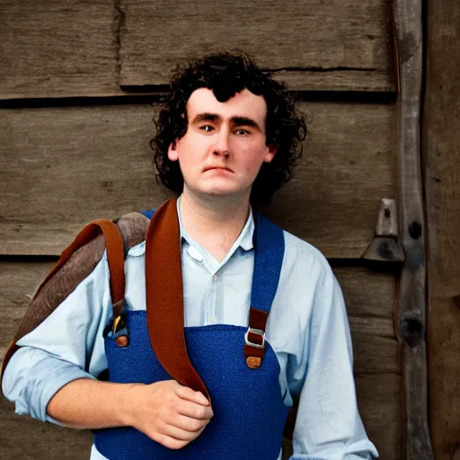 Image similar to close up headshot of a frowning clean shaven pudgy British lad with short curly dark brown hair as a hobbit wearing a white men's crossbody sling chest bag and blue vest, blue vest!! white crossbody chestbag!! high resolution film still, by Sarah Moon