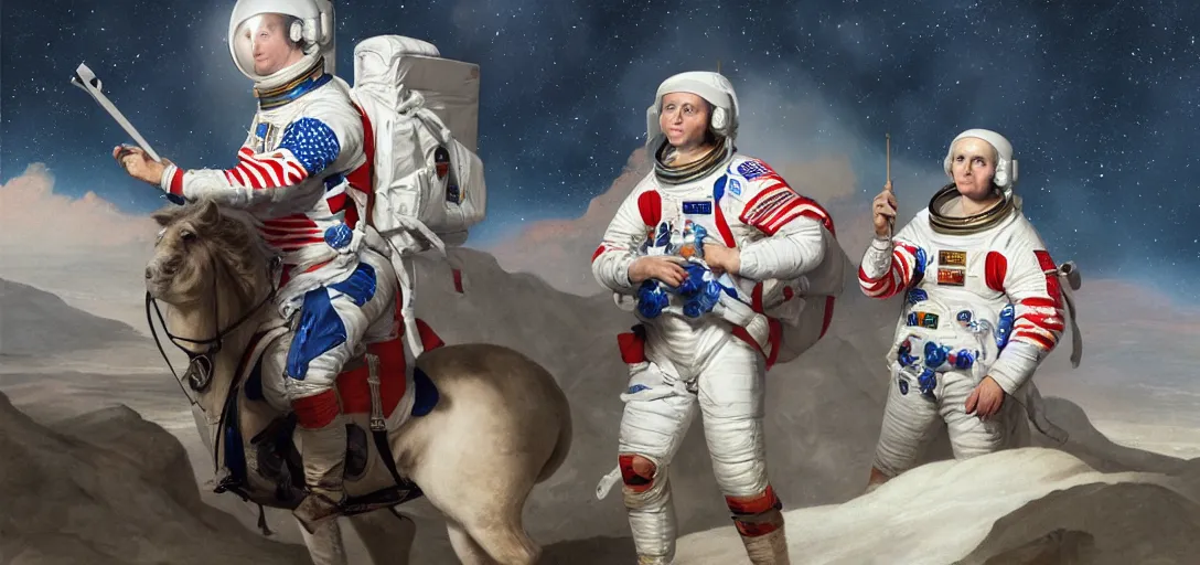 Image similar to George Washington in astronaut suit crossing the Rubicon with his soldiers in space, trending on artstation