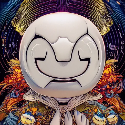 Image similar to portrait of crazy marshmello, symmetrical, by yoichi hatakenaka, masamune shirow, josan gonzales and dan mumford, ayami kojima, takato yamamoto, barclay shaw, karol bak, yukito kishiro