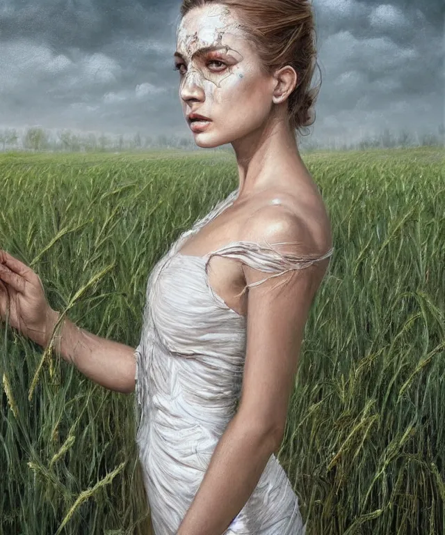 Prompt: Hyper realistic detailed painting of a Paludnitsa! (in a lush wheat crop). Perfect face, beautiful!, white dress, menacing!, melancholic!!, dreamlike, highly detailed, sharp focus, digital painting, art by Eddie Mendoza, detailed and intricate environment, highly detailed, award winning art.