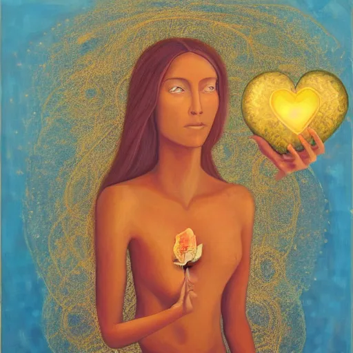 Image similar to a painting of a woman holding a glowing golden heart in the water, an acrylic on canvas painting by amanda sage and magali villenueve, louvre contest winner, gold foil