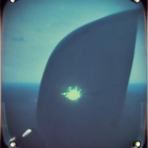 Prompt: lovecraftian alien ship seen from perspective of airplane window, real Polaroid photograph