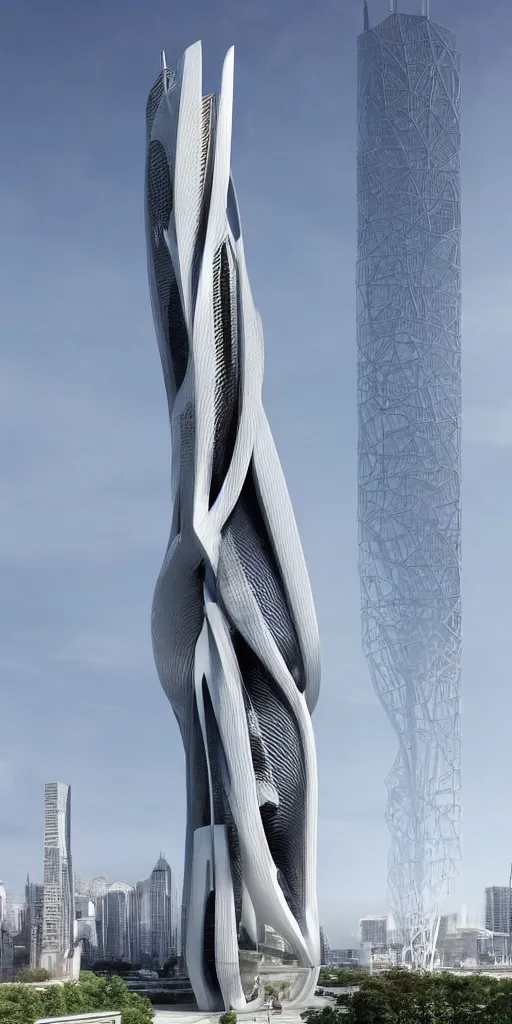 Image similar to epic futuristic tower, highly detailed, realistic, by zaha hadid