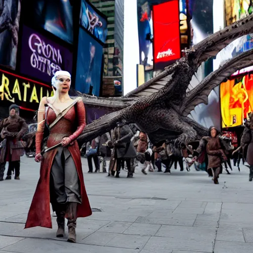 Prompt: game of thrones Daenerys on dragon in the middle of new york time square