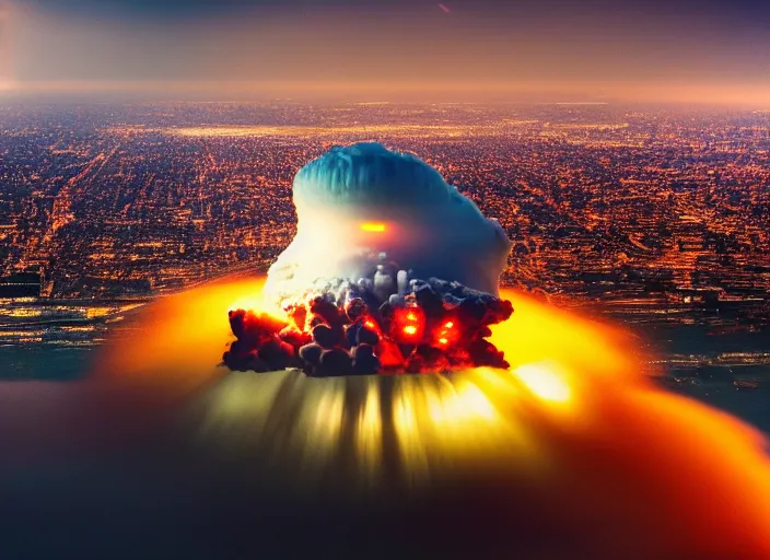 Image similar to Huge Nuclear explosion in New York, shockwave, ariel photography, distant, mushroom cloud, 8k photography