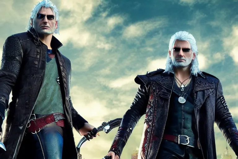 Image similar to vfx movie closeup suave handsome grinning vampire with long white hair, trench coat, dual wielding large revolvers, leaping into the air, low gravity in a shattered reality of new york city, cool aviators witcher devil may cry by emmanuel lubezki