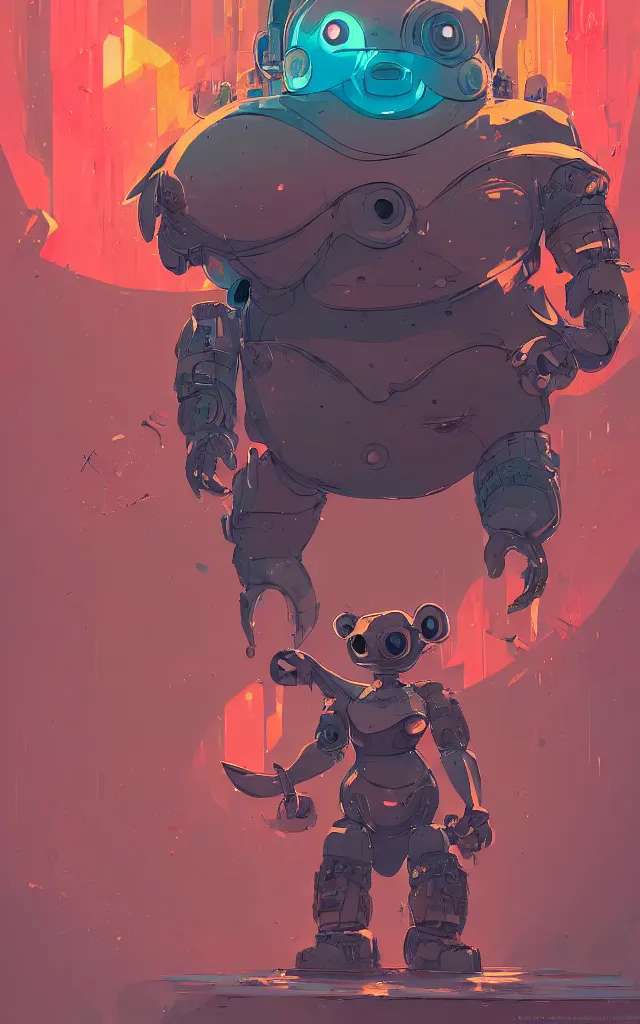 Prompt: anthropomorphic chubby rabbit robot, holding daggers, with human characteristics in a futuristic arena, digital art, epic composition, fantasy cyberpunk, explosion of color, highly detailed, in the style of jakub rebelka artstation, in the style of jake parker, in the style of conrad roset, swirly vibrant colors, sharp focus