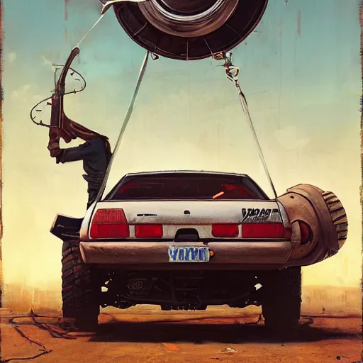 Prompt: A car with a giant fan attached to its hood, diesel punk , , cinematic composition, detailed, Matt painting, oil painting, high res, norman rockwell artwork style,