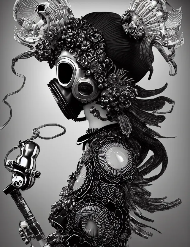 Image similar to 3 d goddess close - up profile punk portrait with vintage gas mask ram skull. beautiful intricately detailed japanese crow kitsune mask and clasical japanese kimono. betta fish, jellyfish phoenix, bio luminescent, plasma, ice, water, wind, creature, artwork by tooth wu and wlop and beeple and greg rutkowski