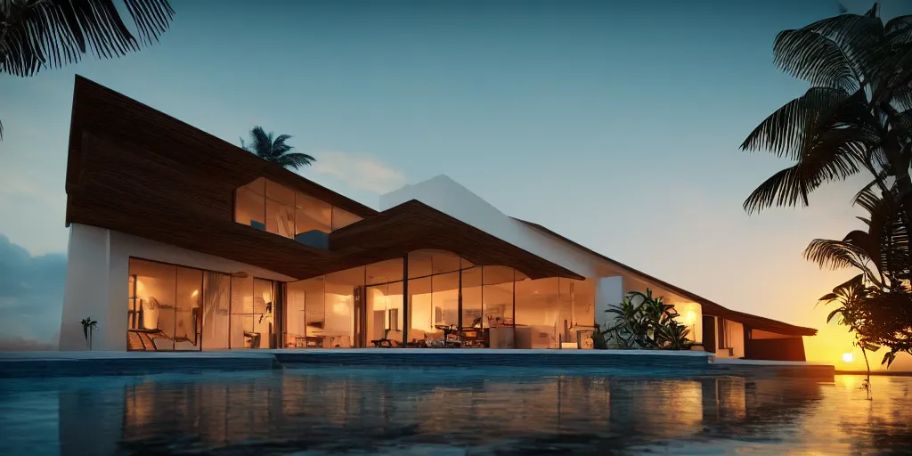 Image similar to modern house in a tropical setting, bamboo architecture, a view of the beach, sunset, photorealism, beautiful, cinematic dramatic atmosphere, volumetric cinematic perfect light, detailed octane render trending on artstation, 8 k, by chris hytha and jag studio