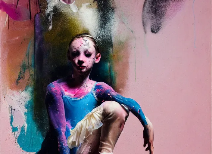 Image similar to portrait of nervous young girl ballerina sitting on the floor focusing in a dance hall by alberto seveso and hernan bas and francis bacon and pat steir and hilma af klint, psychological, photorealistic, symmetrical face, dripping paint, washy brush, matte painting, rendered in octane, altermodern, masterpiece