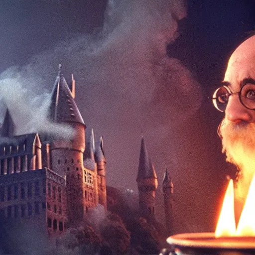 Prompt: harry potter exhaling a huge smoke cloud from his magical wizard bong, film still, cinematic lighting