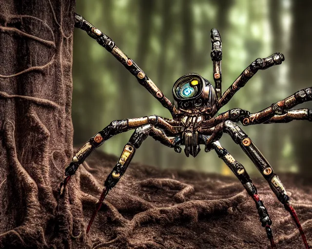 Prompt: photo of a cyborg biomechanical spider in the forest. fantasy cyberpunk style. highly detailed 8 k. intricate. nikon d 8 5 0 5 5 mm. award winning photography.