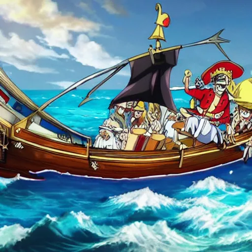 Image similar to emmanuel macron in a pirate boat, in One Piece Anime Series, 4k Resolution.