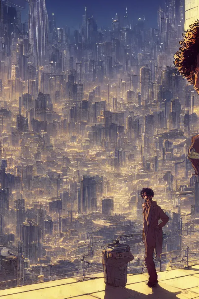 Image similar to a curly - haired persian guy wearing golden shades reflecting a cityscape against a cyberpunk city backdrop by makoto shinkai, masamune shirow and jean giraud
