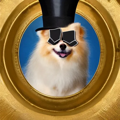 Prompt: A pomeranian wearing a top-hat and a monocle over its left eye, sitting on a pile of gold coins