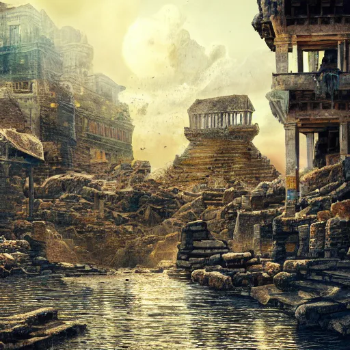 Prompt: Ancient city being destroyed by a flood, digital art , highly detailed , high contrast, beautiful lighting, award winning , trending on art station, photorealistic, 8k
