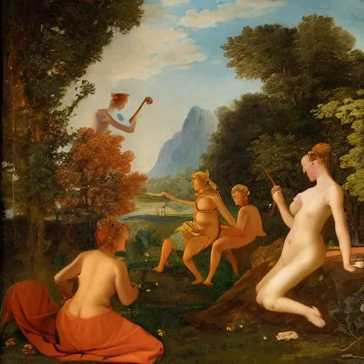 Image similar to ethereal landscape, elves, fauns, musicians, claude poussin