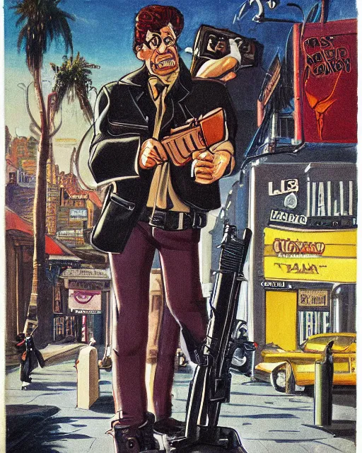 Prompt: detective with gun in leather jacket, los angeles city street, artwork by ralph bakshi