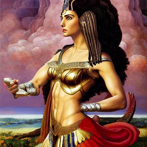 Image similar to Full body oil painting of the beautiful goddess Gal Gadot as Cleopatra, she is wearing a strophion and a surreal ornate, her hair is natural disheveled, she is approaching heaven over the clouds, naturalism, dramatic lighting, high-detailed oil painting by Ilya Repin, Michelangelo da Caravaggio, William Blake, Alex Grey and Beksinski, trending on Artsation, hystorical painting, naturalism, masterpiece, 4k, 8k,