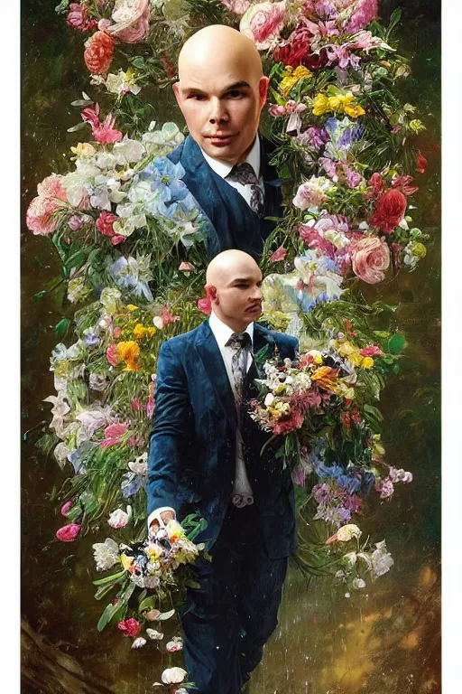 Image similar to portrait pitbull mr. worldwide holding a bouquet of flowing flowers, drenched body, wet dripping, hands hidden under the bouquet, emerging from the water, fantasy, regal, intricate, by stanley artgerm lau, greg rutkowski, thomas kindkade, alphonse mucha, loish, norman rockwell