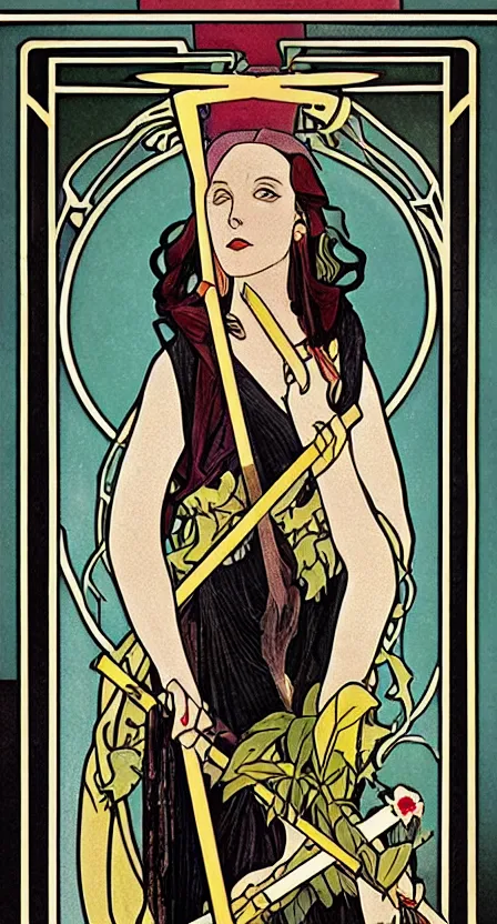 Image similar to a tarot card of death with a scythe, standing on a pile of bones. illustrated in an art deco style by tamara de lempika and an elegant border by alphonse mucha. | studio lighting | digital painting, stunning lighting, trending on artstation