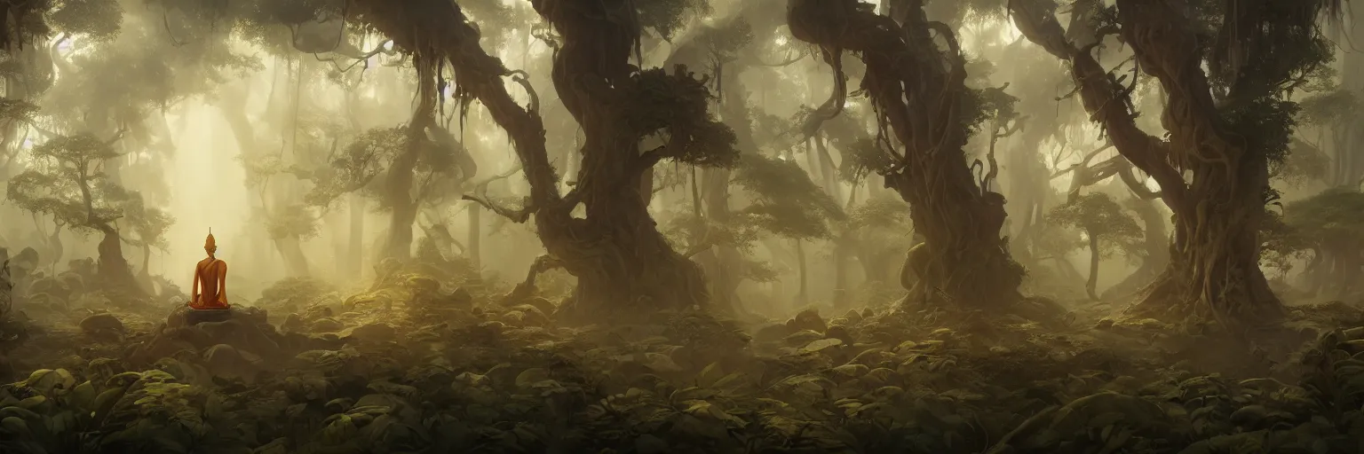 Image similar to Mysterious beautiful Buddhist forest, matte painting by Peter Mohrbacher, featured in artstation, octane render, cinematic, elegant, intricate, 8k