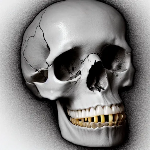 Prompt: a human skull made of and covered in teeth