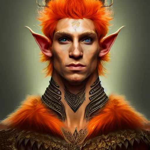 Image similar to portrait painting of an elven young man with short light orange hair and tribal tattoos on his face wearing fur armor, sharp focus, award - winning, trending on artstation, masterpiece, highly detailed, intricate. art by merwild and ernesto irawan and rachel denton