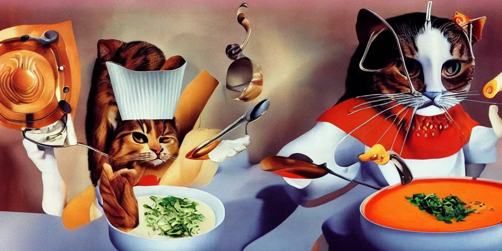 Prompt: anthropomorphic cats chef cooking a delicious colorful soup on TV show, by Salvador Dali