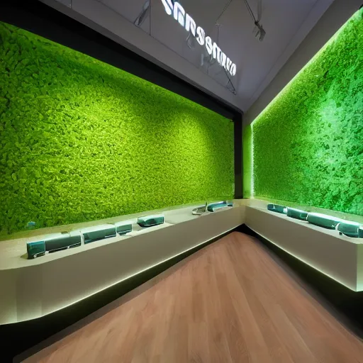 Prompt: interior photography of a Microsoft Samsung flagship store, wood, polished concrete, spotlights, verdant plants green wall, water feature, award winning interior design, patterns, retaildesignblog, dezeen, 14mm, 8k, cinestill, pentax, film