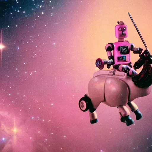 Prompt: a robot riding a pink unicorn in space, cinestill 8 0 0 t, award winning photograph, taken in 1 9 8 3