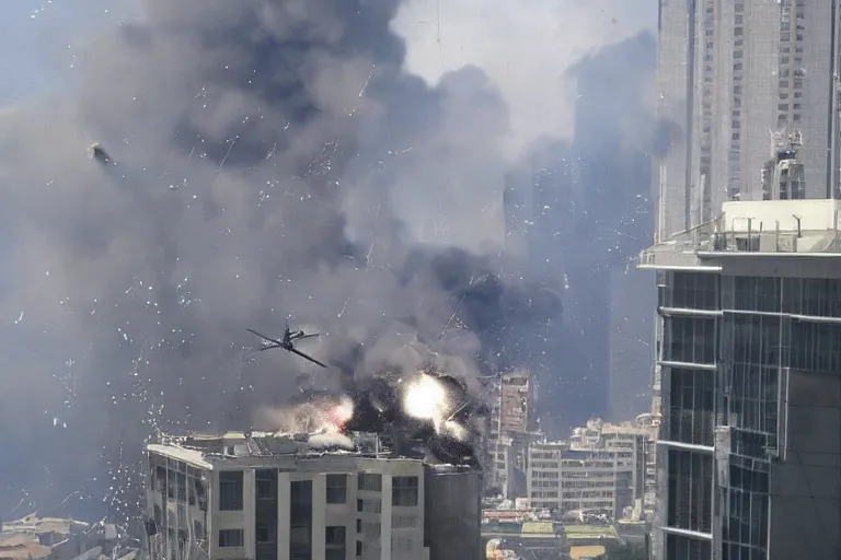 Image similar to militarily helicopter firing missiles smashes through high rise window, explosions, by Michael Bay