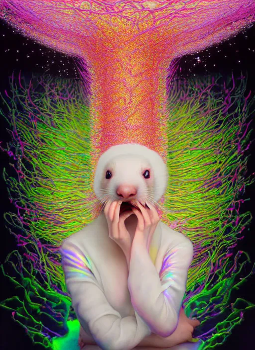 Image similar to hyper detailed 3d render like a Oil painting - kawaii portrait Aurora (white haired Singer Ferret) seen Eating of the Strangling network of yellowcake aerochrome and milky Fruit and Her delicate Hands hold of gossamer polyp blossoms bring iridescent fungal flowers whose spores black the foolish stars by Jacek Yerka, Mariusz Lewandowski, Houdini algorithmic generative render, Abstract brush strokes, Masterpiece, Edward Hopper and James Gilleard, Zdzislaw Beksinski, Mark Ryden, Wolfgang Lettl, hints of Yayoi Kasuma, octane render, 8k