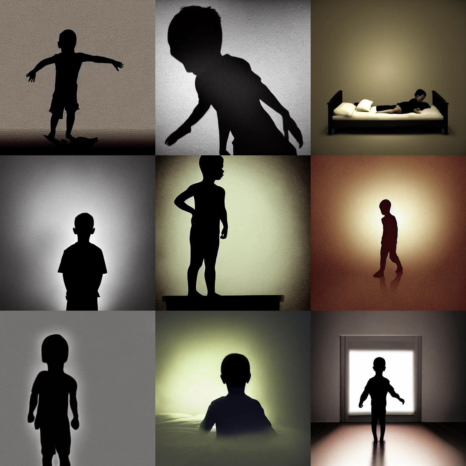 Prompt: dark silhouette of a boy on a bed, eerie, digital art,