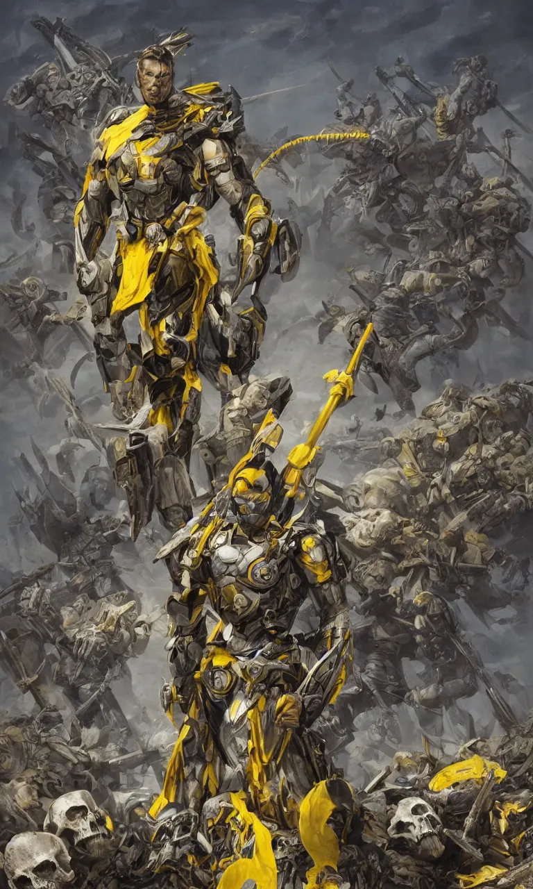 Image similar to a distant shot of a super soldier with blue and yellow flag and a trident symbol standing alone on a huge pile of skulls as a winner, masculine figure, D&D, fantasy, intricate, elegant, highly detailed, extremely detailed, digital painting, artstation, concept art, matte, smooth, sharp focus, illustration, art by Artgerm and Greg Rutkowski and Alphonse Mucha