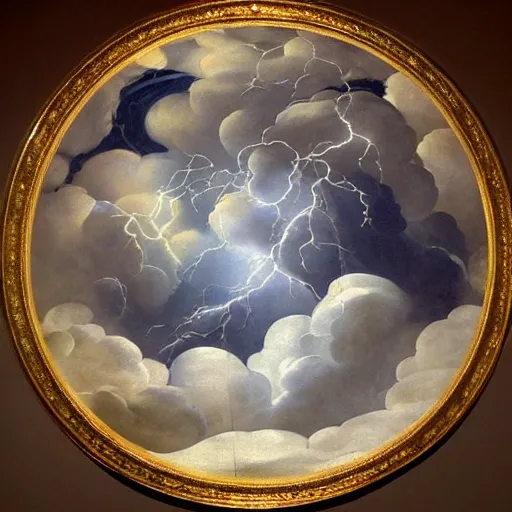 Prompt: Beautiful realistic painting of a cloudy sky with angels, electric storm, monotonous by Michelangelo