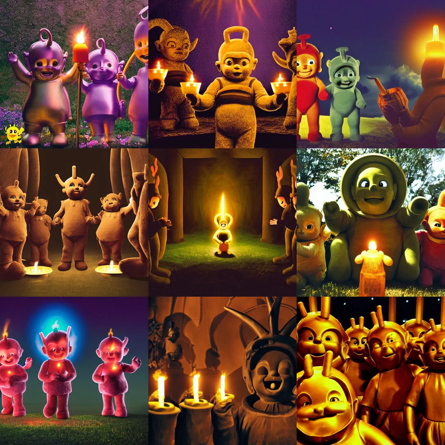 Prompt: teletubbies worshipping a bronze statue of satan, ominous, candlelight, temple, photo