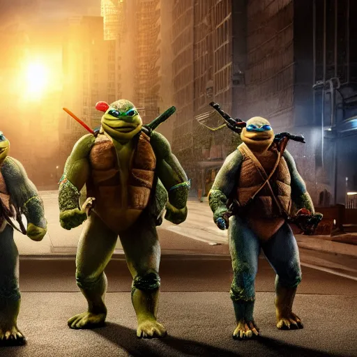 Image similar to hyperrealistic awe inspiring movie still teenage mutant ninja turtles 8 k hdr atmospheric lighting