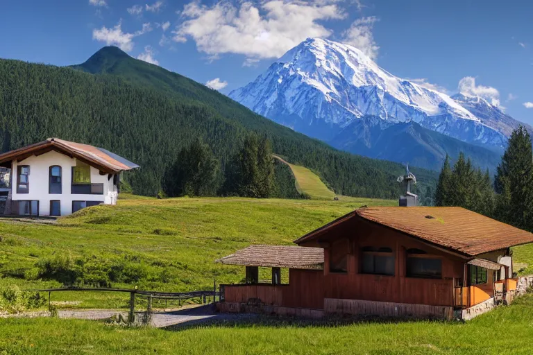 Image similar to architecture photo modern fachwerk house cottage settlement with Elbrus mountain on the background, architecture, photorealism 8k , high details