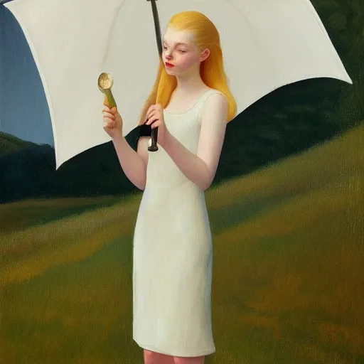 Image similar to Painting of Elle Fanning holding a torch in the rain, long blonde hair, delicate, pale milky white porcelain skin, by Edward Hopper. 8K. Extremely detailed.