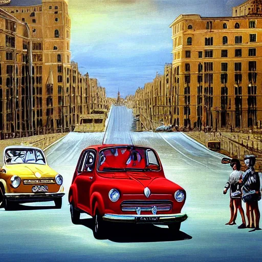 Prompt: Old FIAT 600 Classic Car carrying Julius Cesar, Roman Empire parade, hyper realistic painting by Salvador Dali
